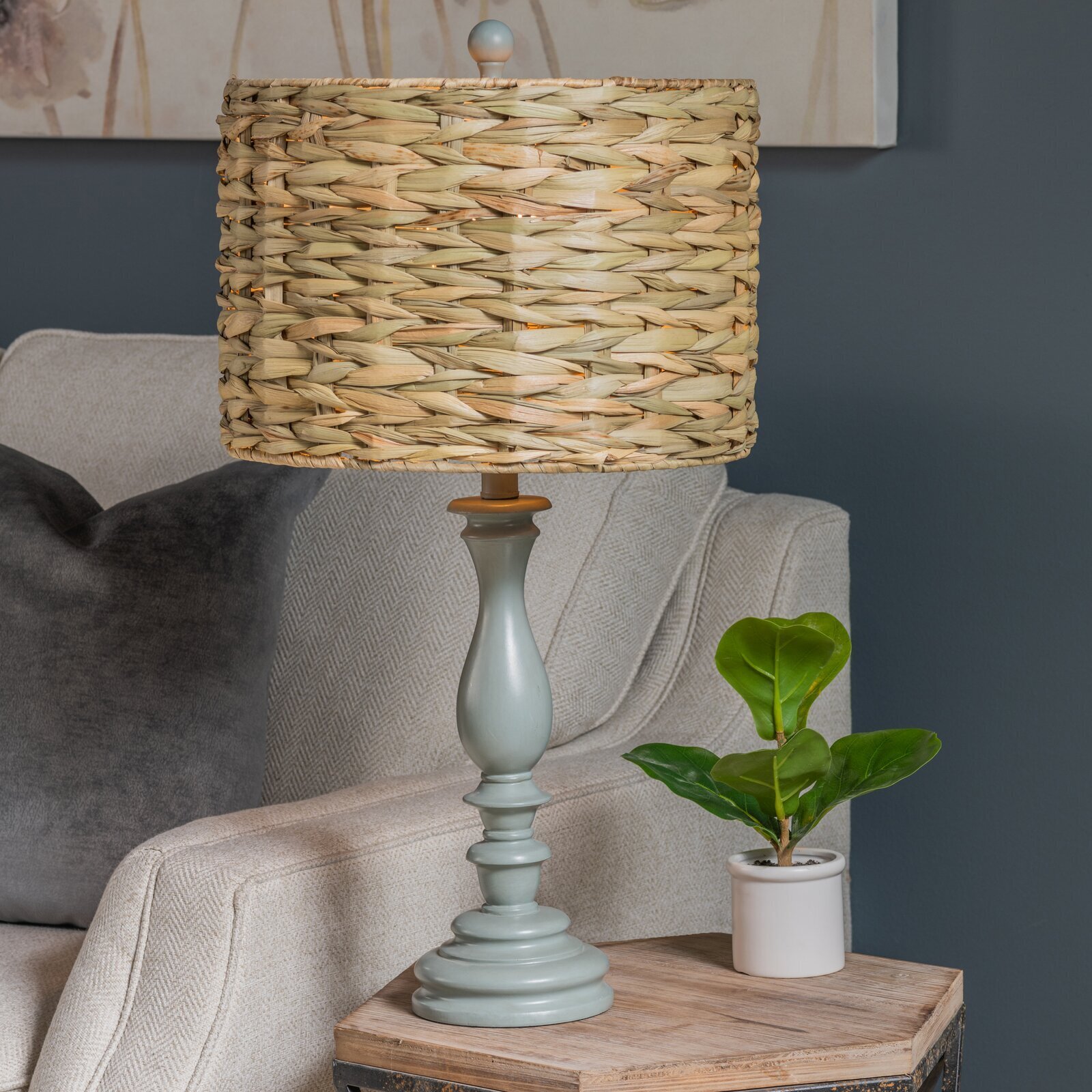 Light Gray Lamp With Woven Seagrass Shade 