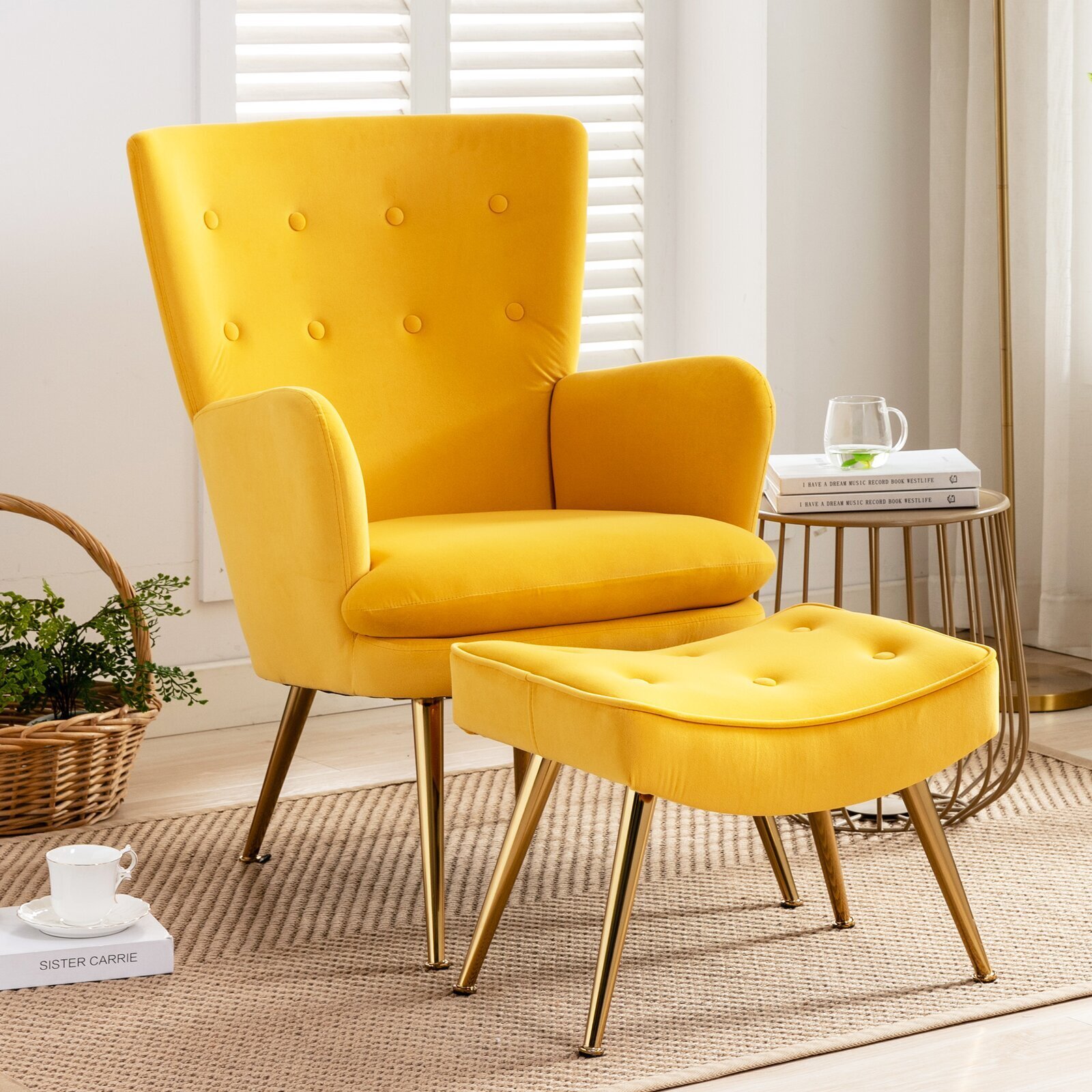 Light Yellow Chair with Ottoman