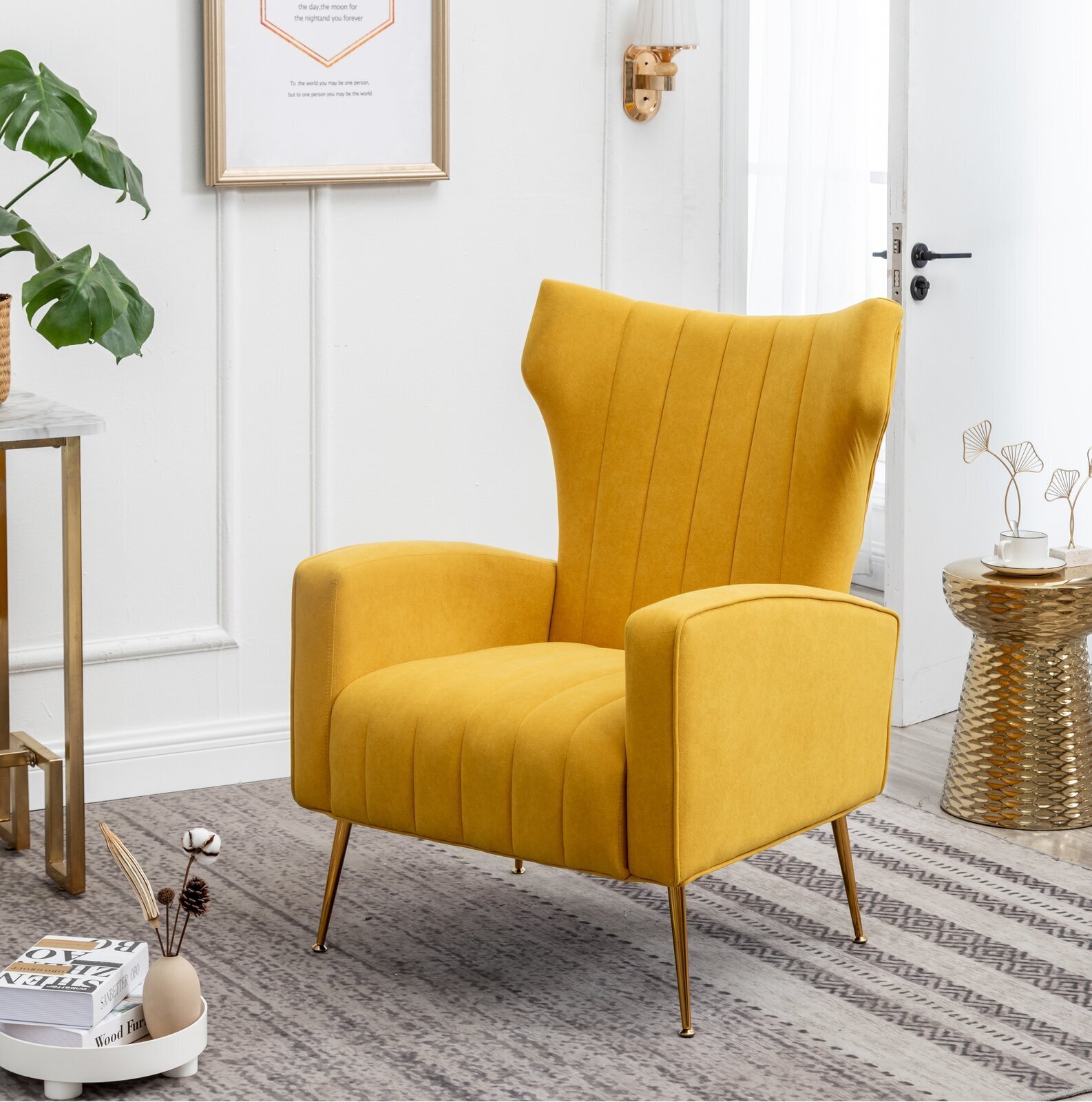 Lined Yellow Wing Back Chair