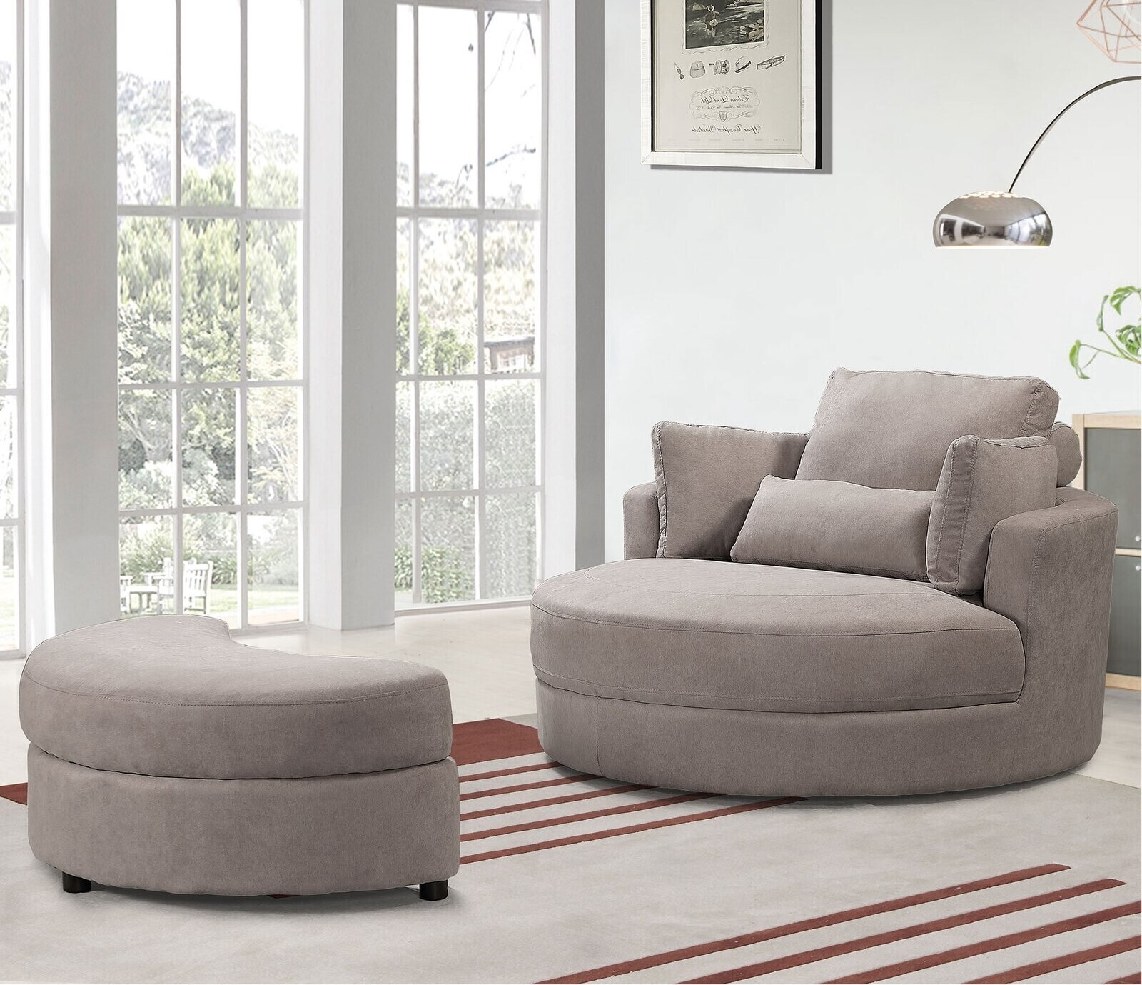 Linen Swivel and Ottoman Round Lounge Chair