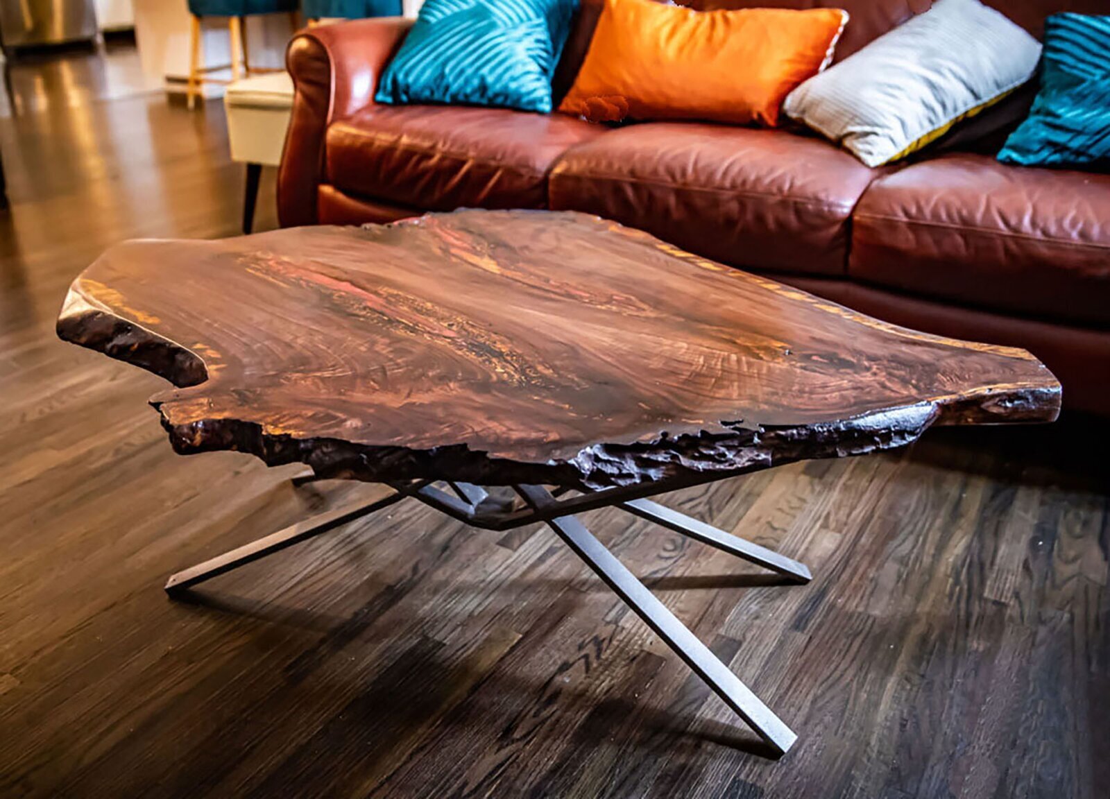 Live edge chrome and wood coffee table 