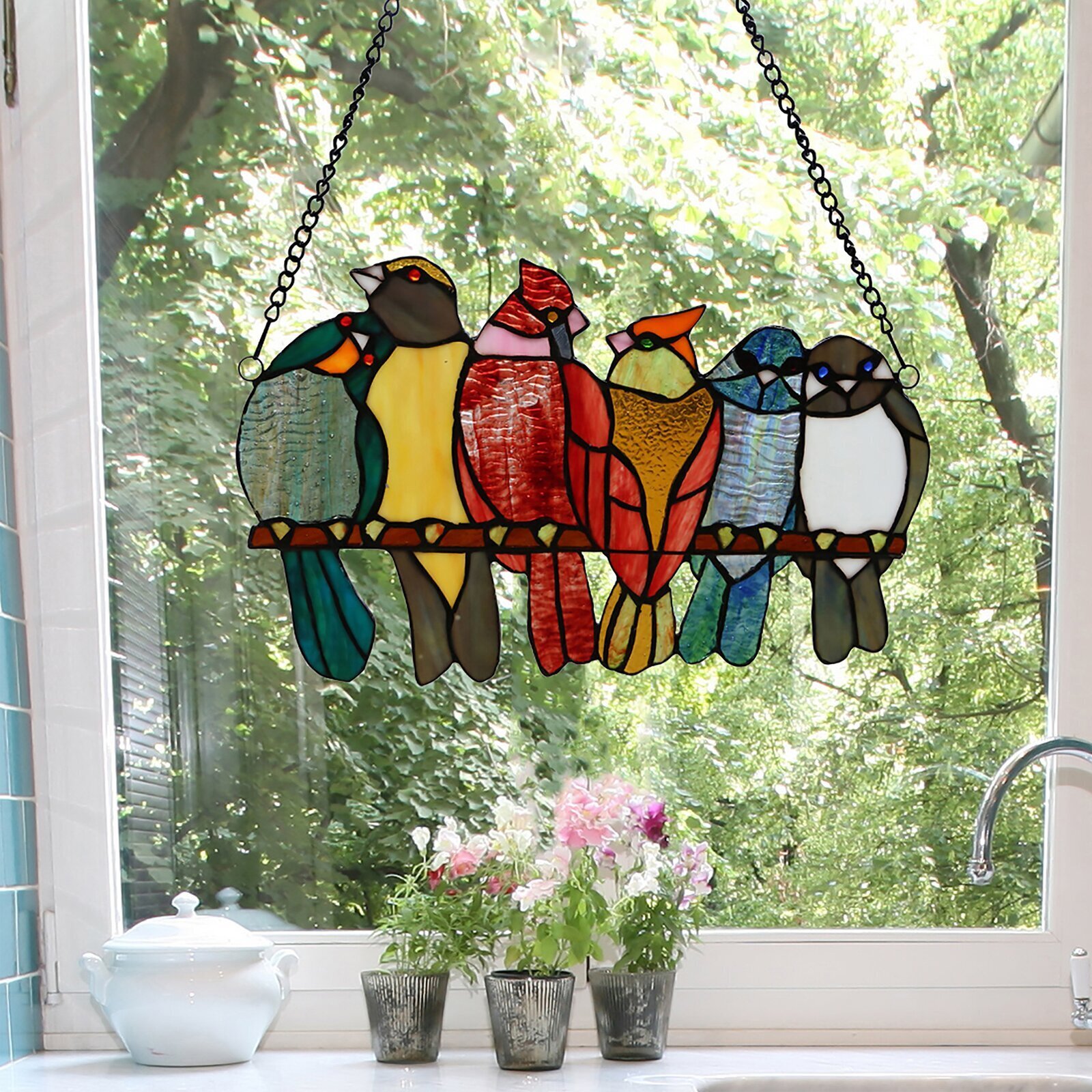 4 Bird Zoweys Multicolor Birds on a Wire High Stained Glass Suncatcher Window Hanging Ornaments Bird Series Sculptures Pendant Home Decoration for Patio Yard Decor Creative Gifts 