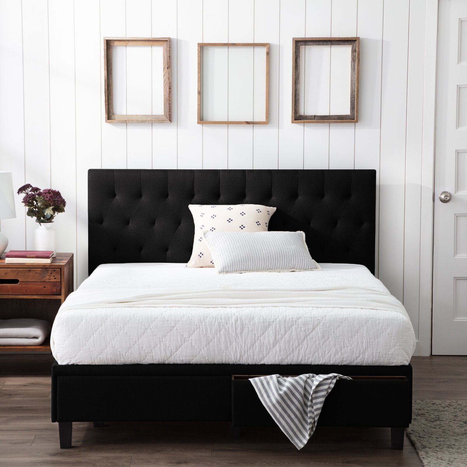 Low Black Tufted Bed with Storage