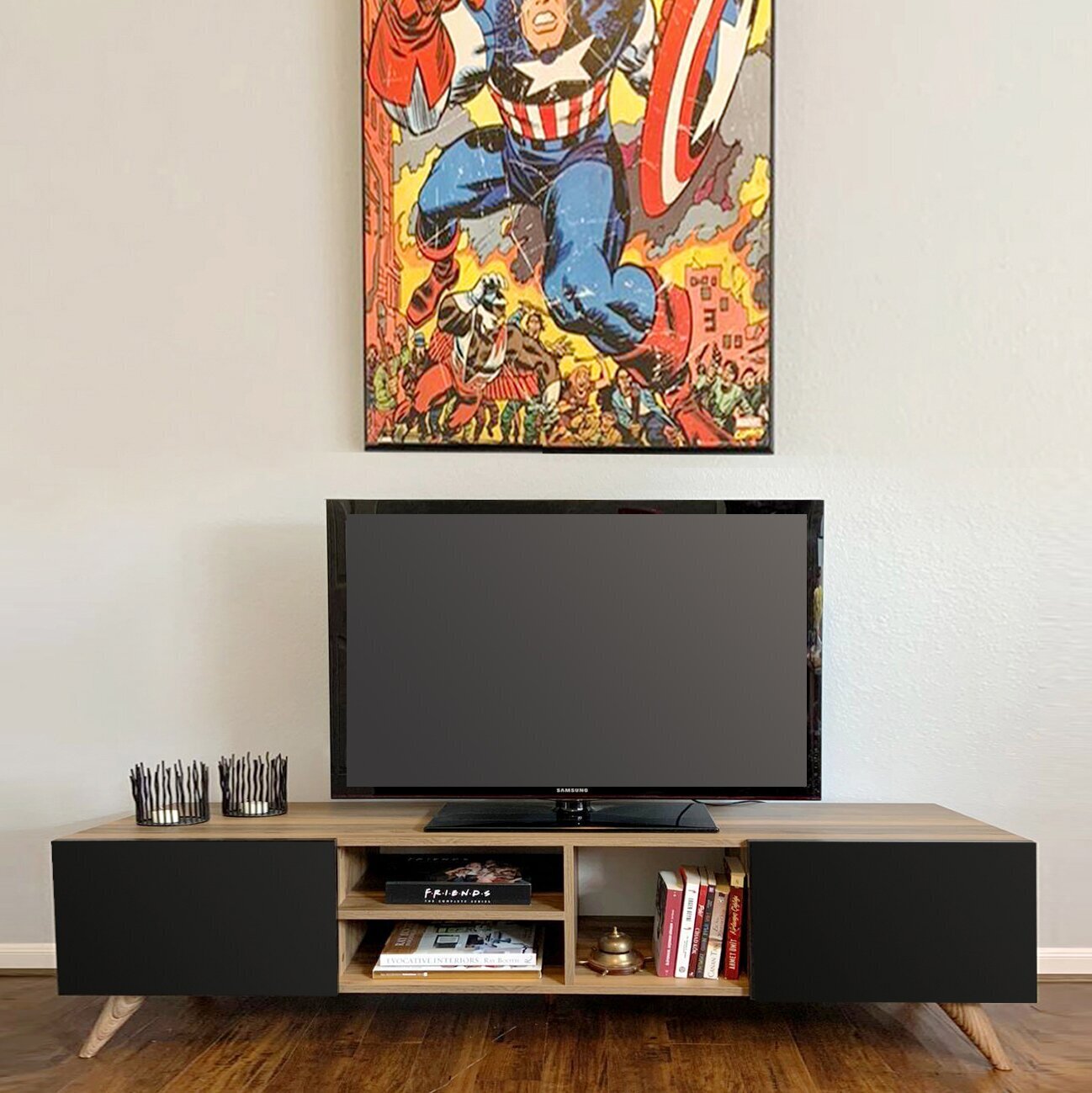 Low Level Japandi Style TV Stand With Black Cupboards