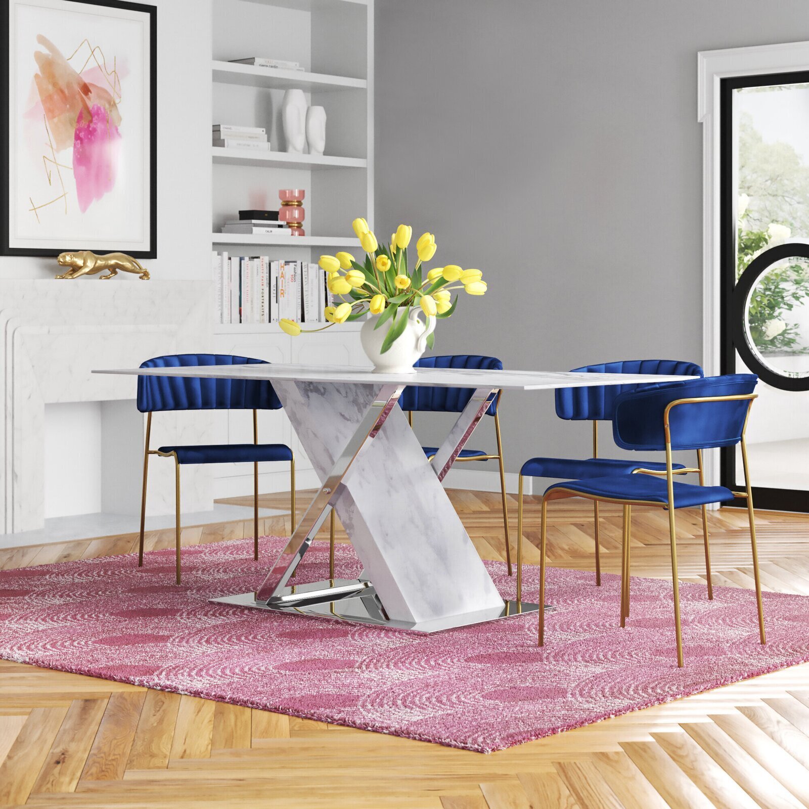 Marbled Glass and Metal Dining Table