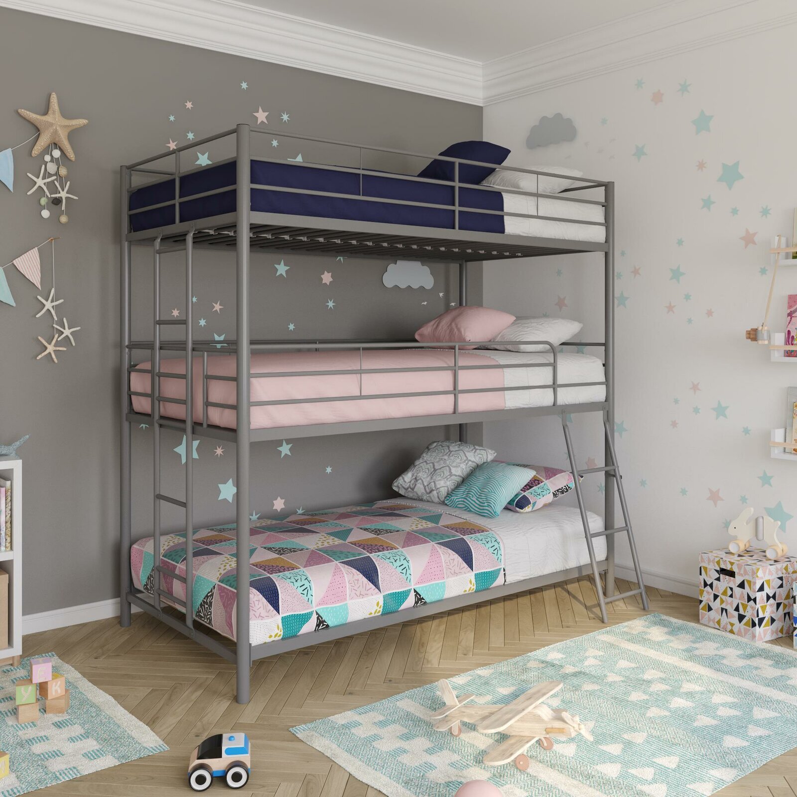 Metal Triple Bunk Bed with Railings and Built in Ladder