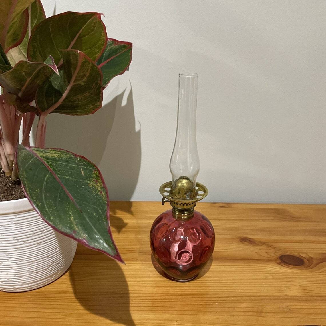 Mini Kerosene Cranberry Glass Hurricane Lamp