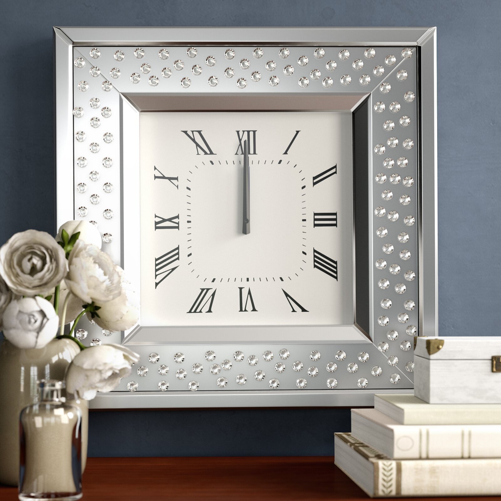 Decorative Wall Clock Non-Ticking Rhinestone Diamond Embedded Sunburst Diamante 