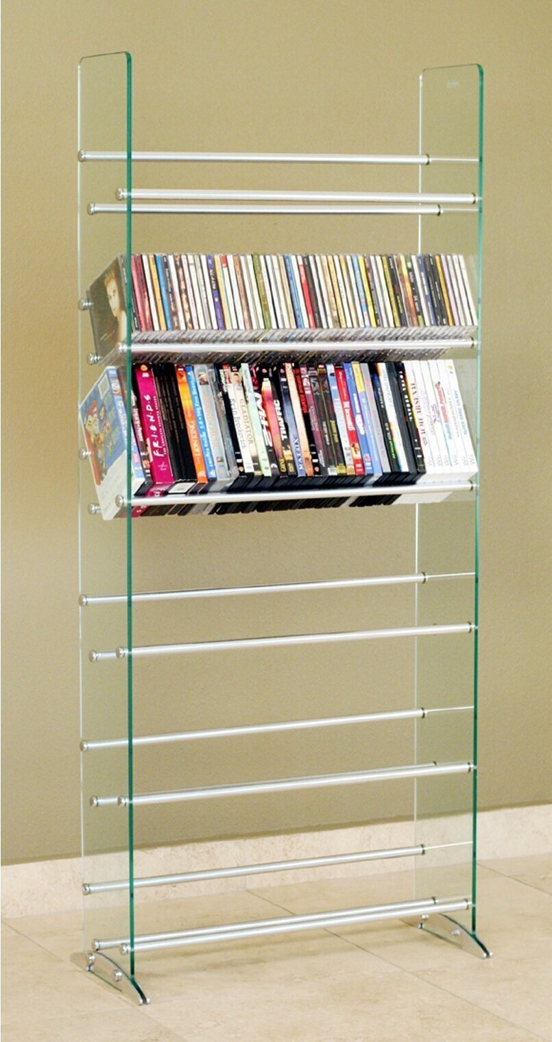 Modern CD shelf with glass and aluminum construction