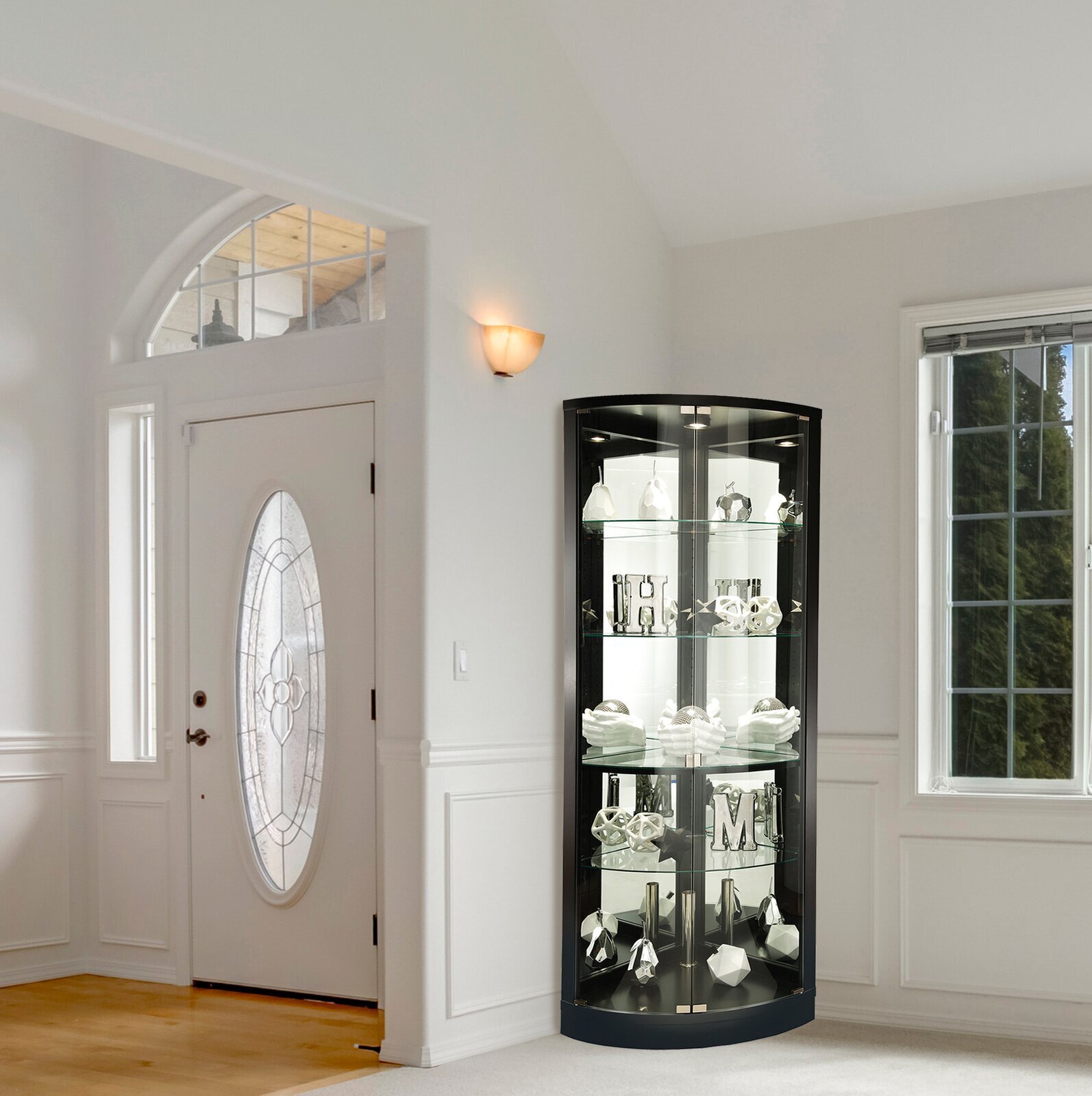 Modern Mirrored Black Corner Glass Curio Cabinet