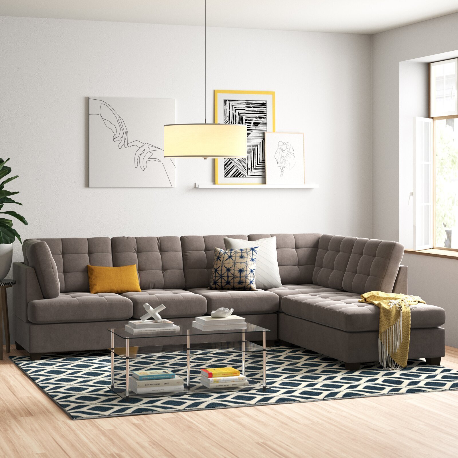 Modern Tufted Microfiber Sofa With Chaise