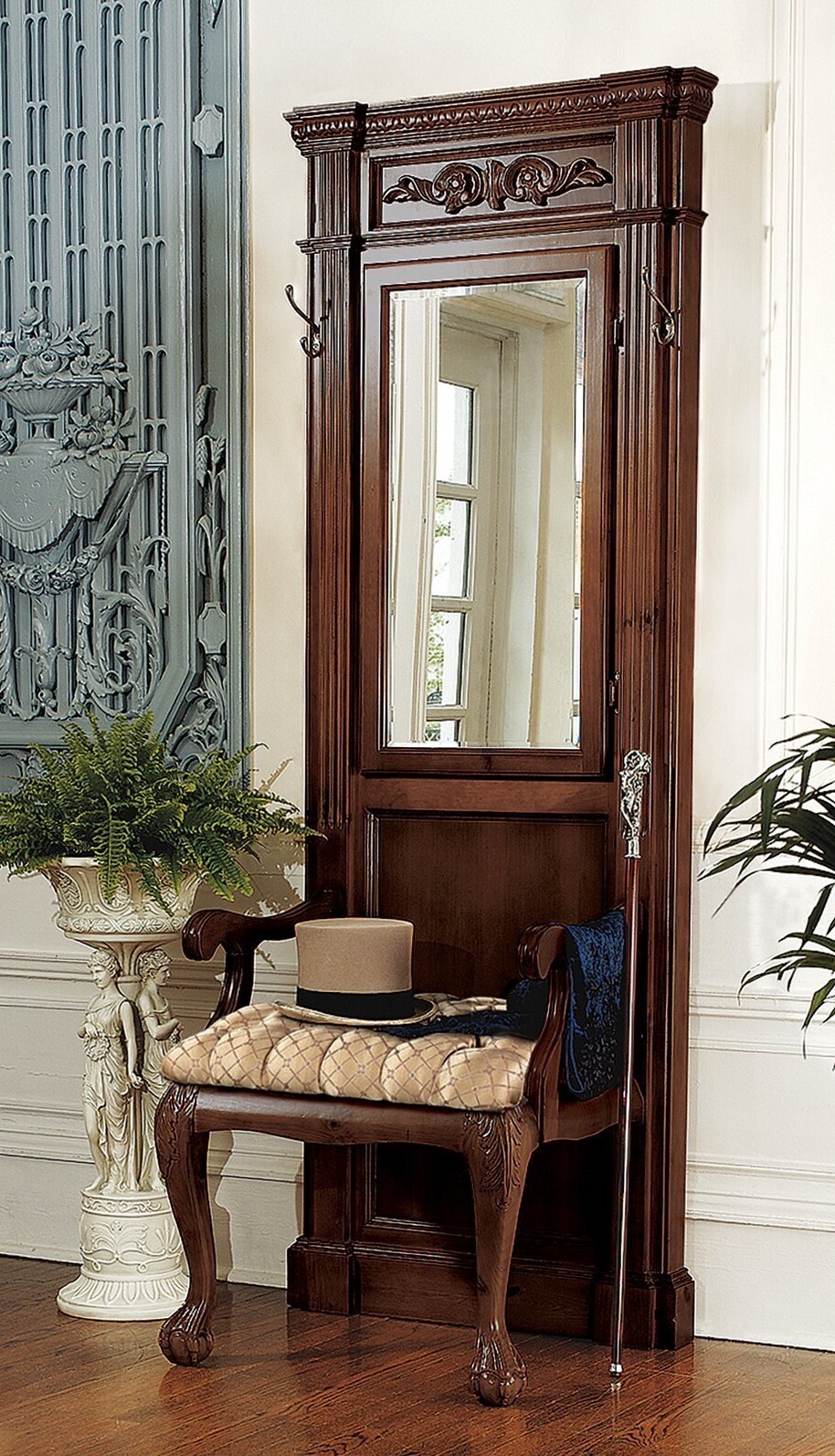 Antique hall tree with bench and mirror sale