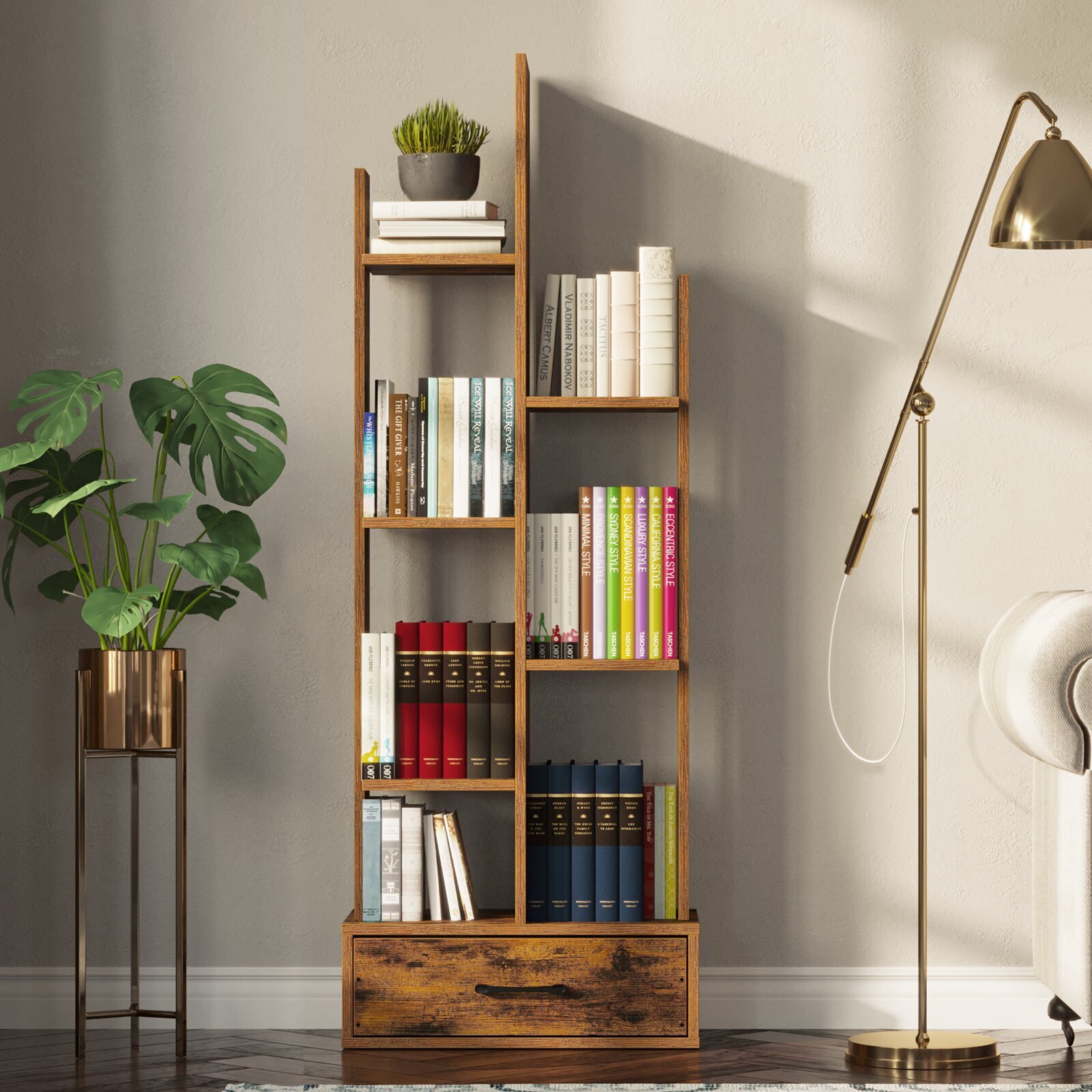 Narrow Wooden Bookcase with Draw for Rustic Functionality