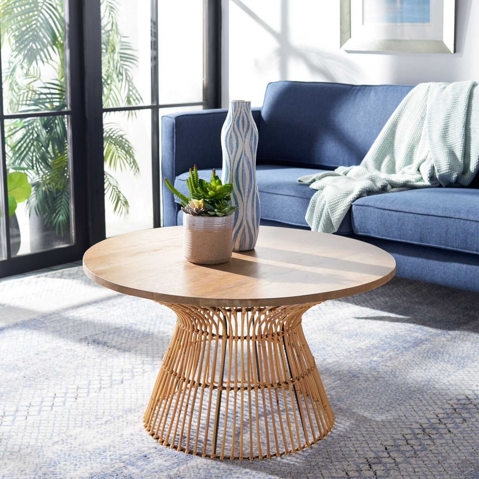 Natural Round Tabletop With Rattan Base Coffee Table 