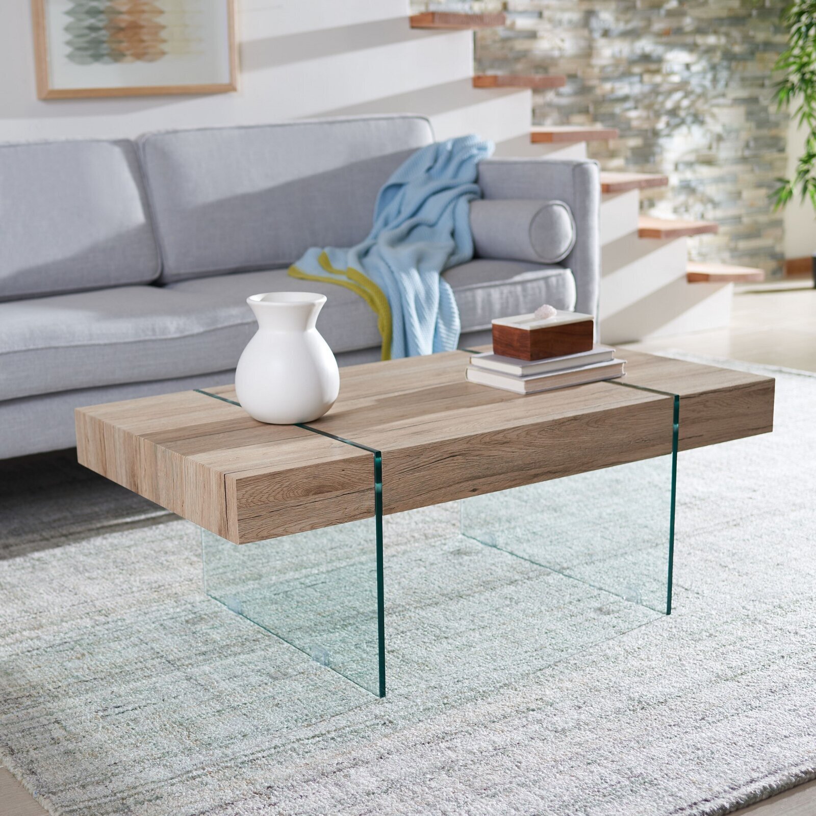 Natural Wood With Glass Legs Coffee Table 
