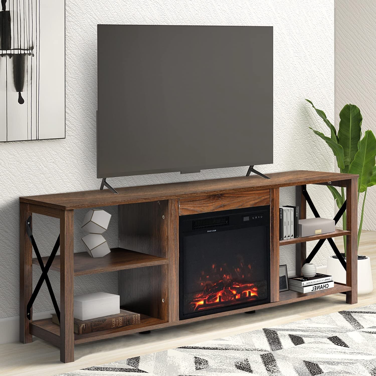 Details about   Media Storage TV Stand w/Electric Fireplace for TV up to 65" TV Console Black 