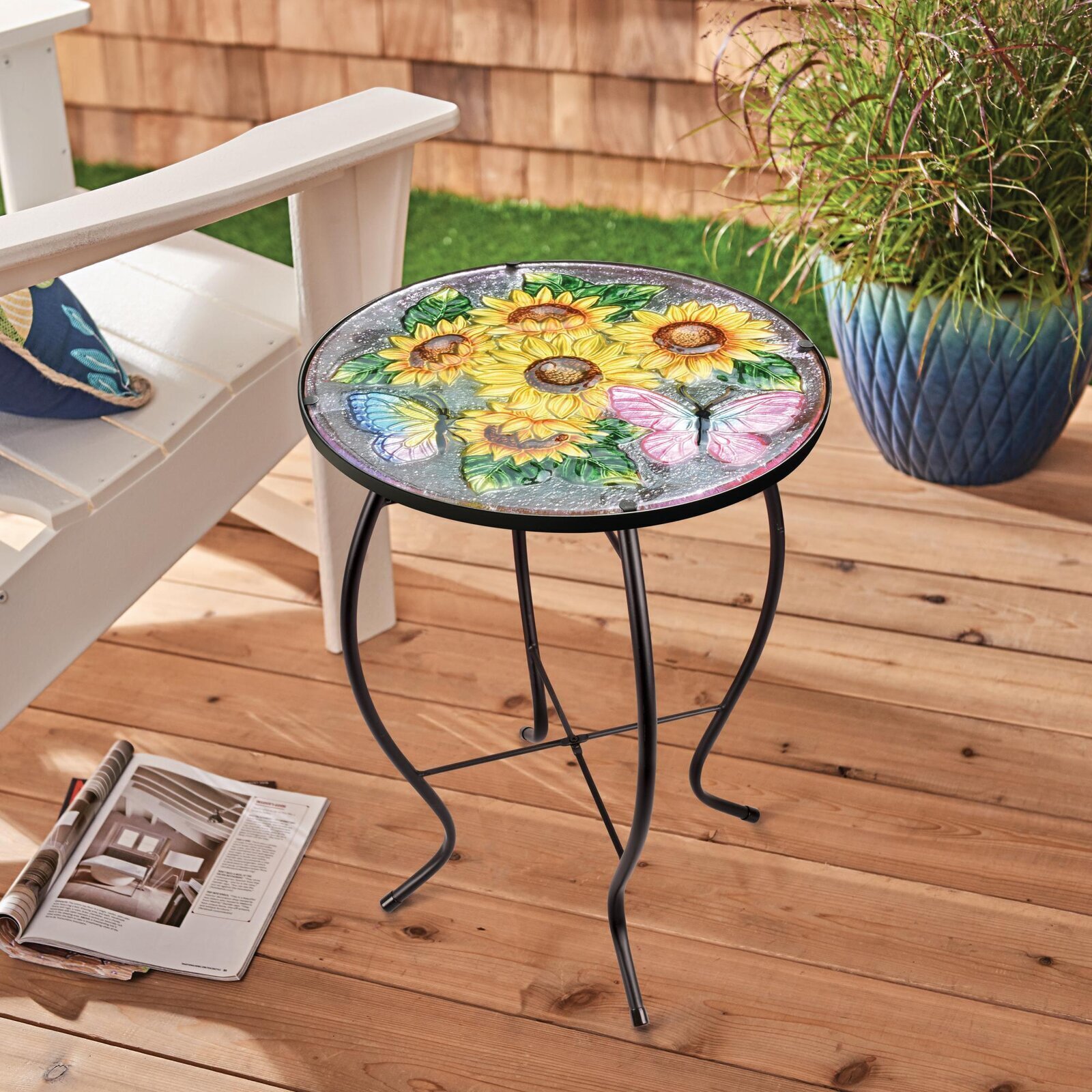 Outdoor Sunflower Side Table with Purple Accents