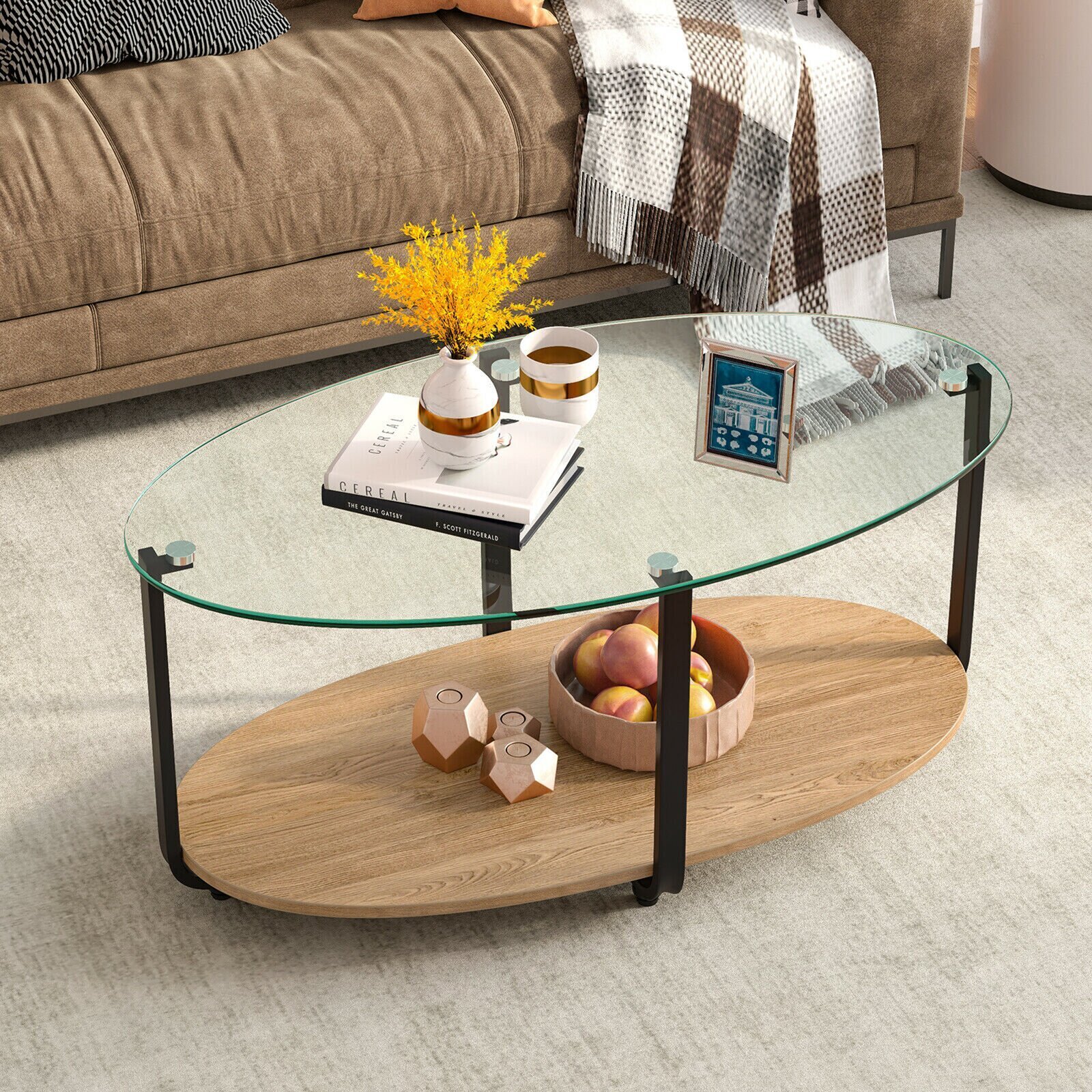 Oval Shaped Glass Top Coffee Table 