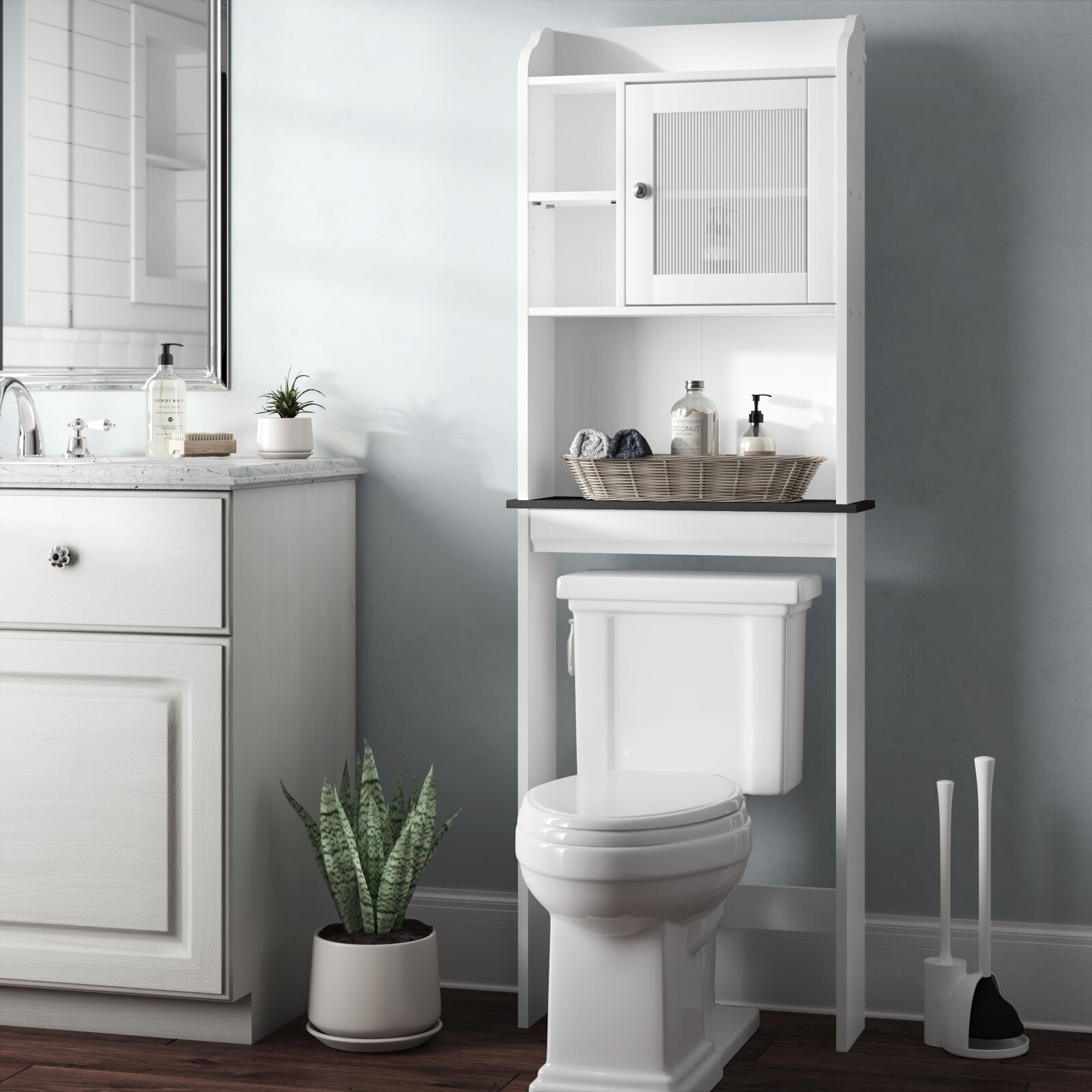 Over the toilet cabinet with different storage types
