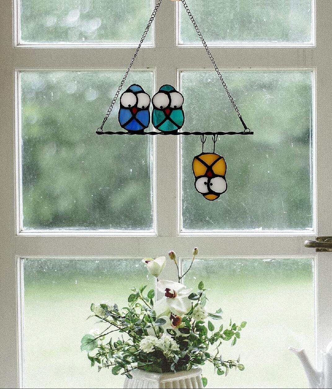 Stained Glass Birds-On-A-Wire Window Panel Hanging Suncatcher Ornament Gifts New 