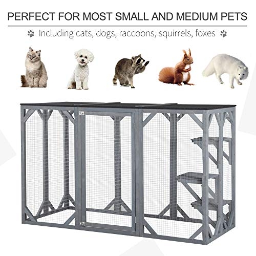 PawHut Cat Cage Indoor Outdoor Wooden Enclosure Pet House Small Animal Cage Hutch Suitable for Rabbit, Dogs, Kitten, Crate Kennel with Waterproof Roof, Multi-Level Platforms, Lock, Grey