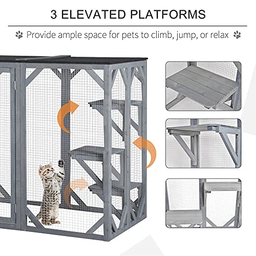 PawHut Cat Cage Indoor Outdoor Wooden Enclosure Pet House Small Animal Cage Hutch Suitable for Rabbit, Dogs, Kitten, Crate Kennel with Waterproof Roof, Multi-Level Platforms, Lock, Grey