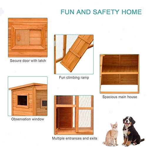 PawHut Large Wooden Outdoor Cat House with Large Run for Play, Catio for Lounging, and Condo Area for Sleeping, Natural