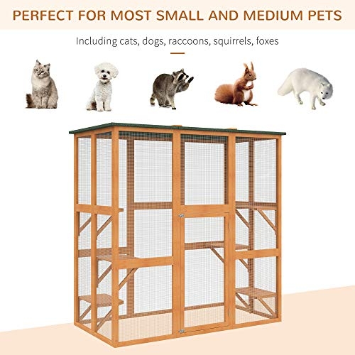PawHut Large Wooden Outdoor Catio Enclosure with Weather Protection, Cat Patio with 6 Platforms 71" x 38.5" x 71"