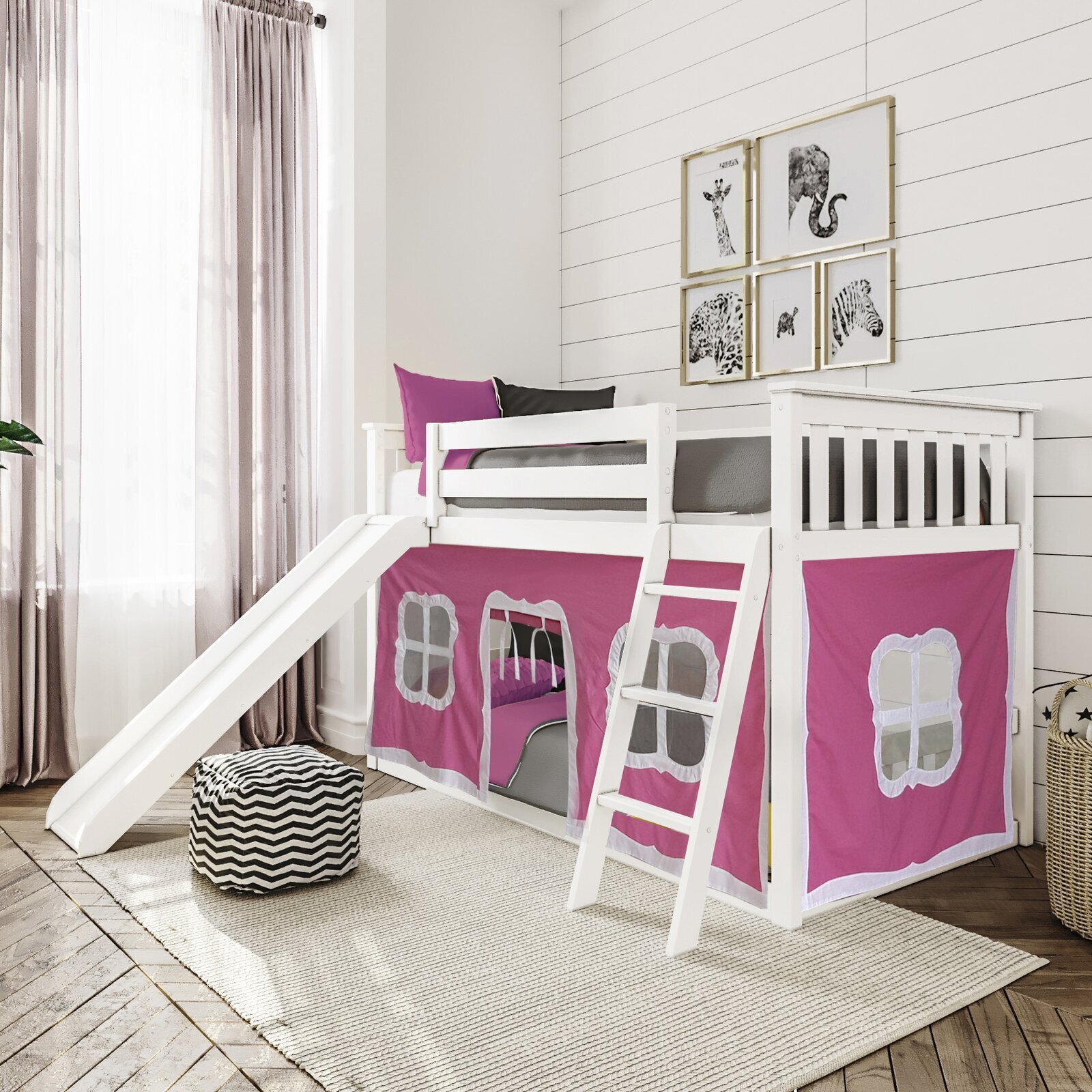 Playhouse Themed Kids Bunk Bed With Slide
