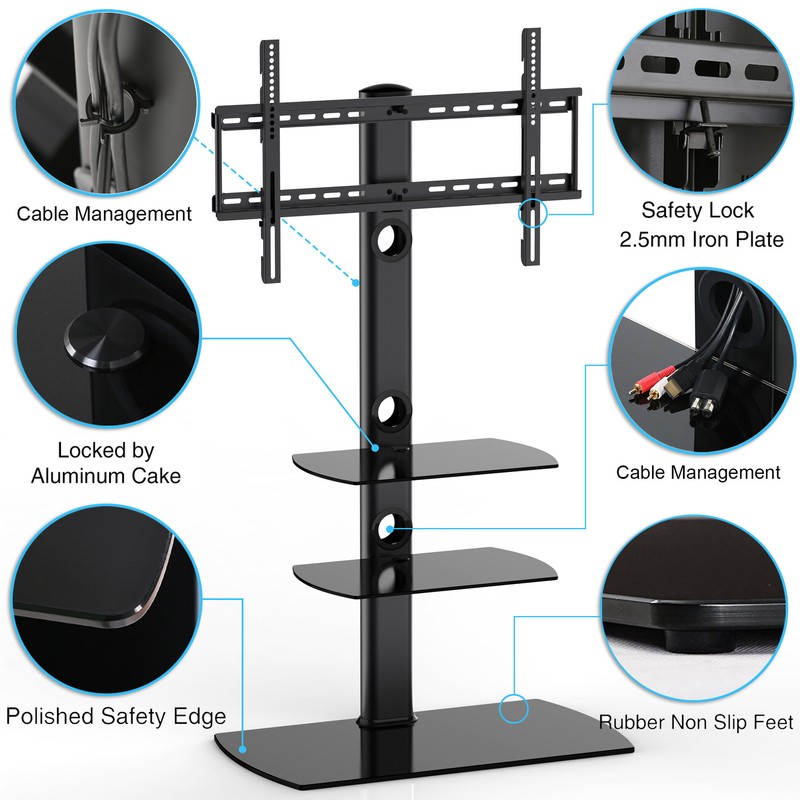 Randal Symple Stuff Black Swivel Floor Stand Mount for Screens with Shelving, Holds up to 110 Lb. lbs