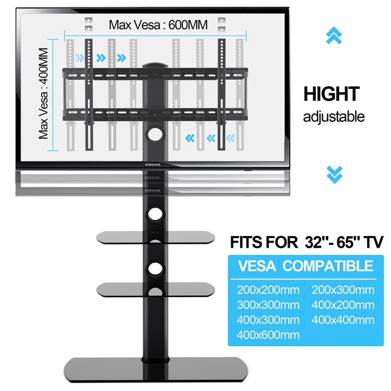 Randal Symple Stuff Black Swivel Floor Stand Mount for Screens with Shelving, Holds up to 110 Lb. lbs