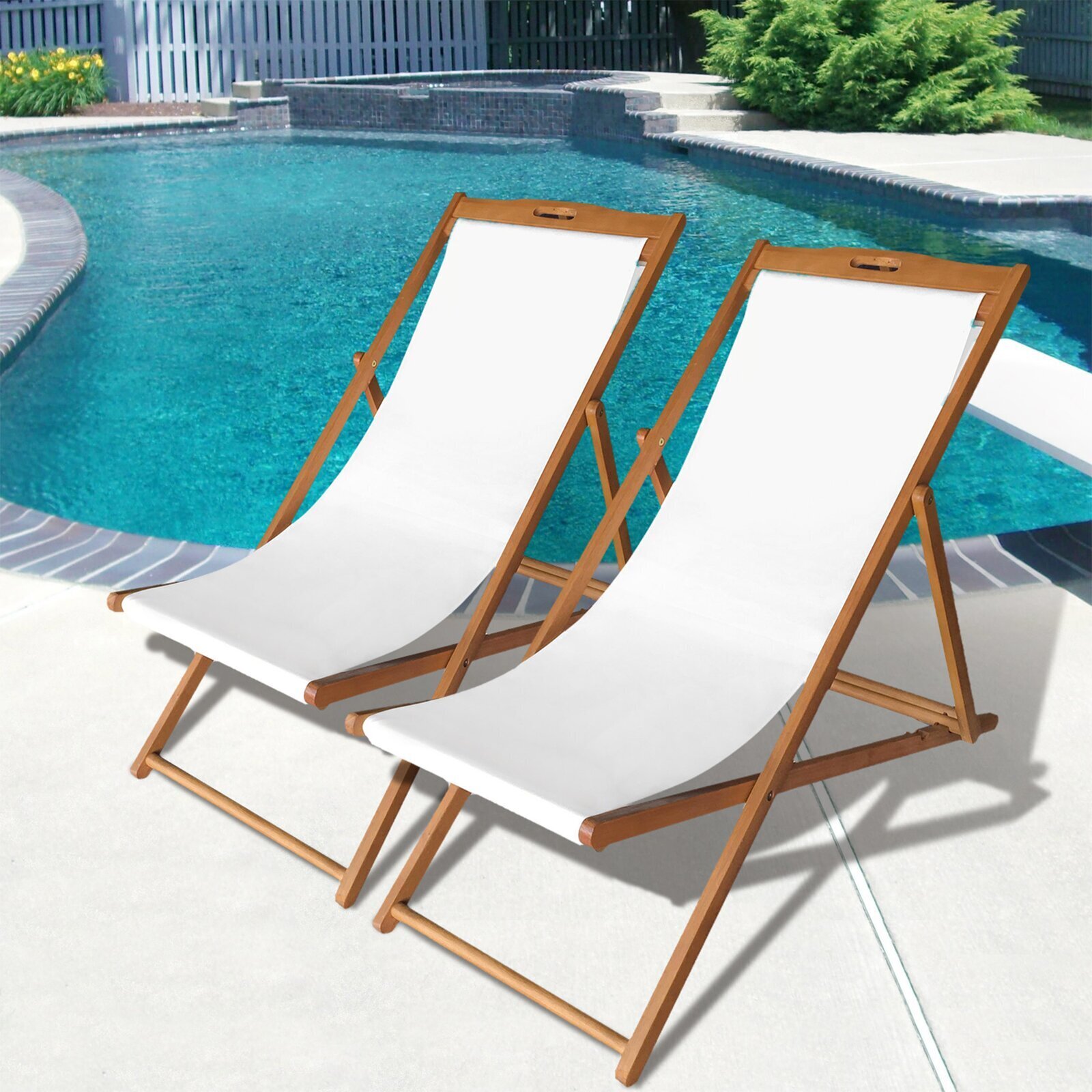 Folding Beach Chair Fabric and Wooden Frame Patio Swim Pool Reclining Chairs 