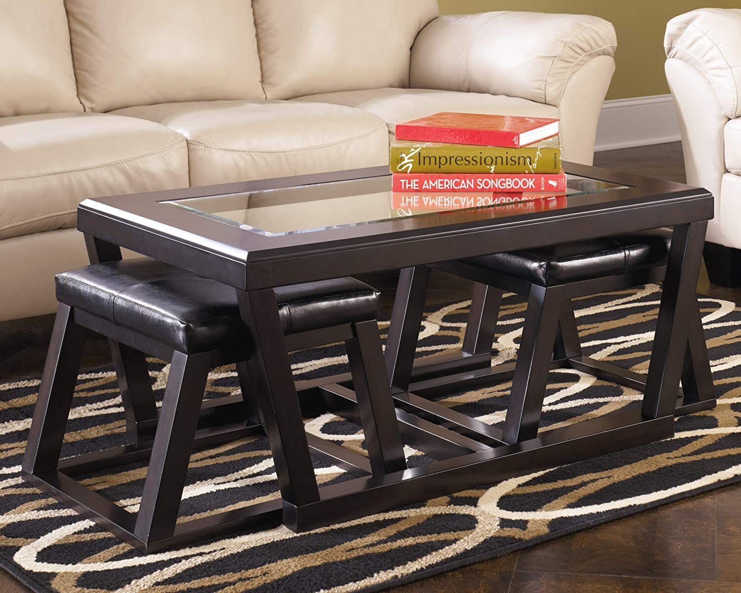 Rectangular Glass Coffee Table with Ottomans Underneath