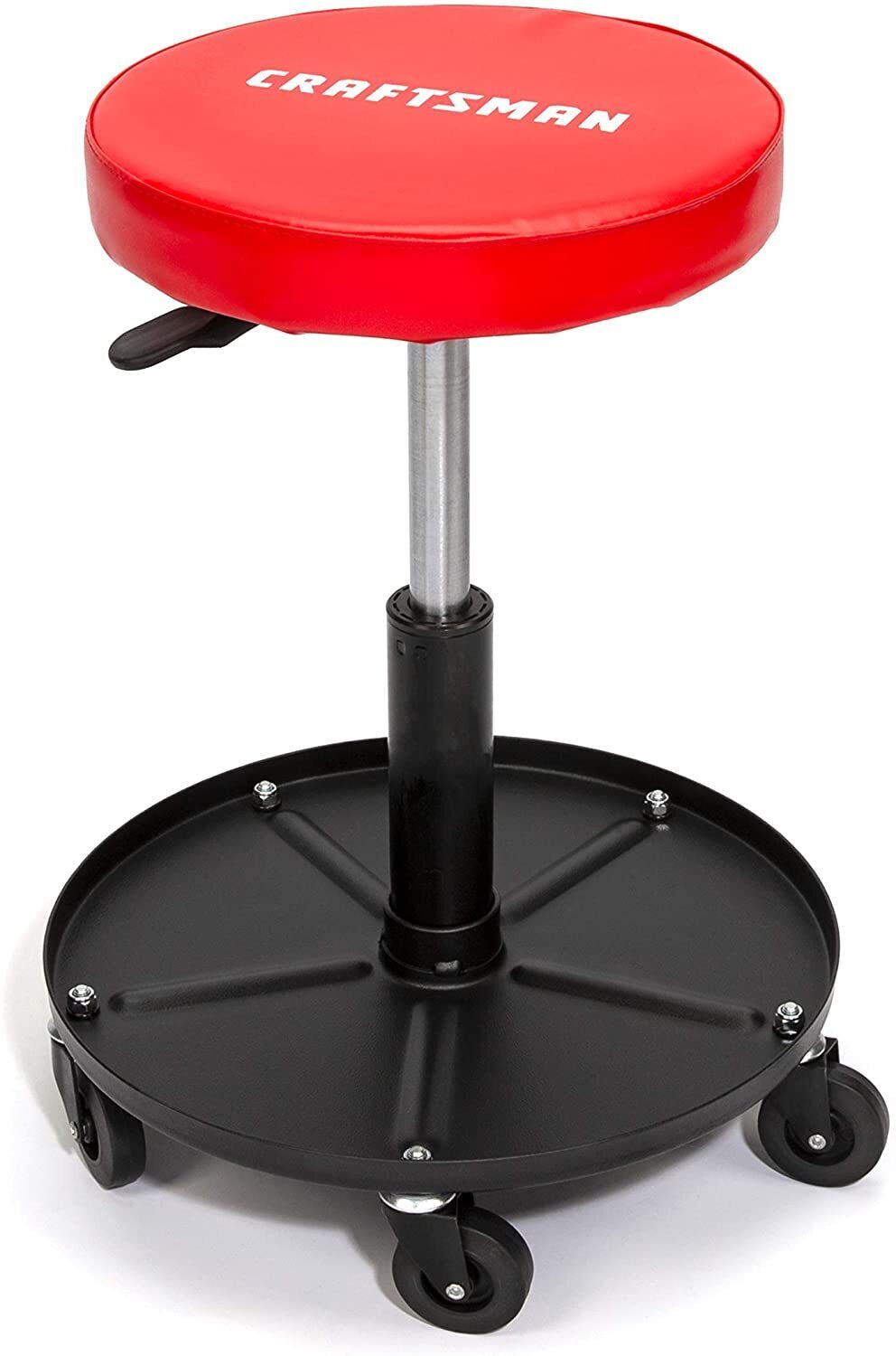 Red and black adjustable garage stool