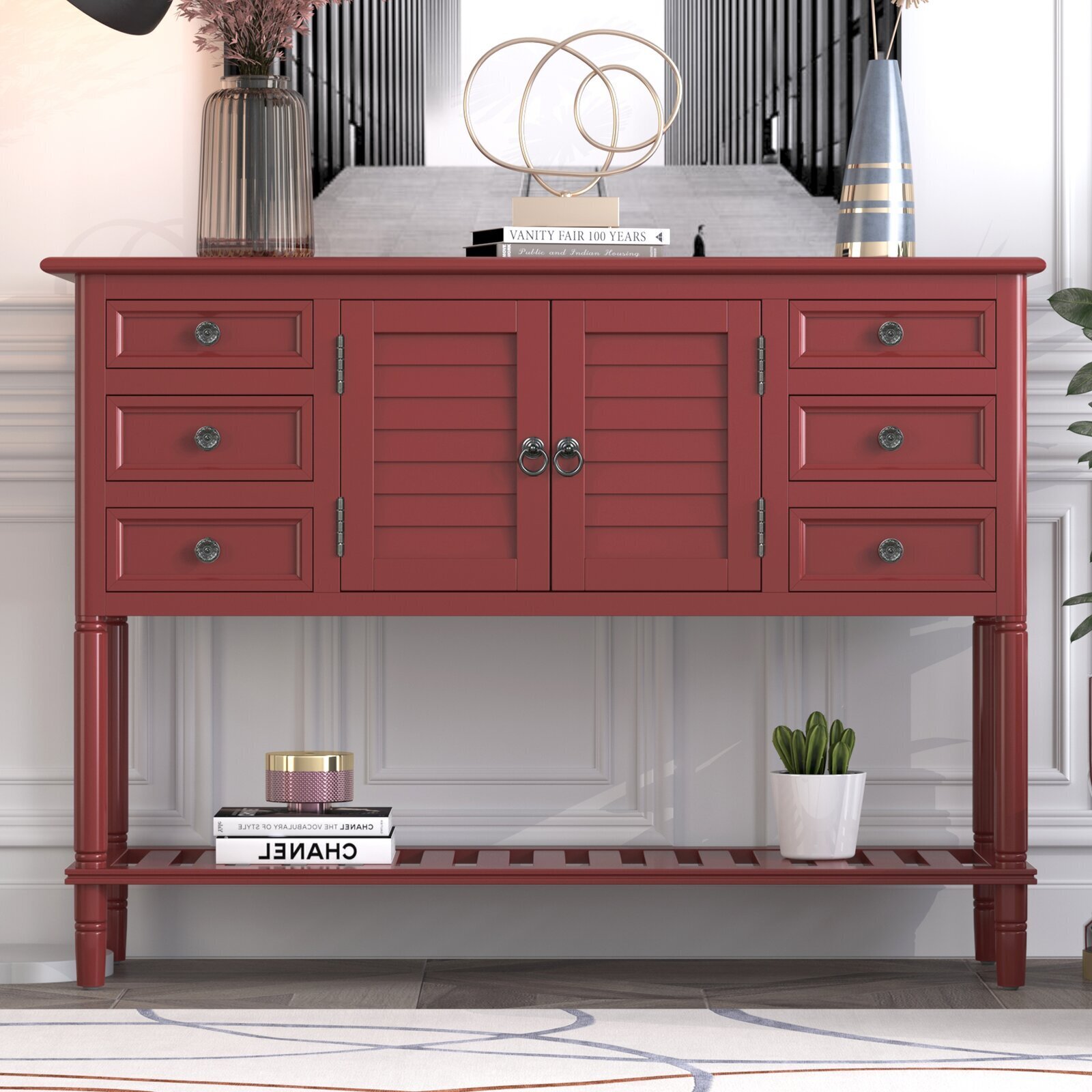 Red Sideboard Buffet with Bottom Shelf 