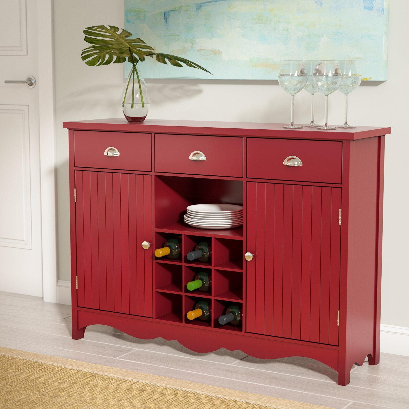 Red Sideboard Cabinet with Paneled Doors 