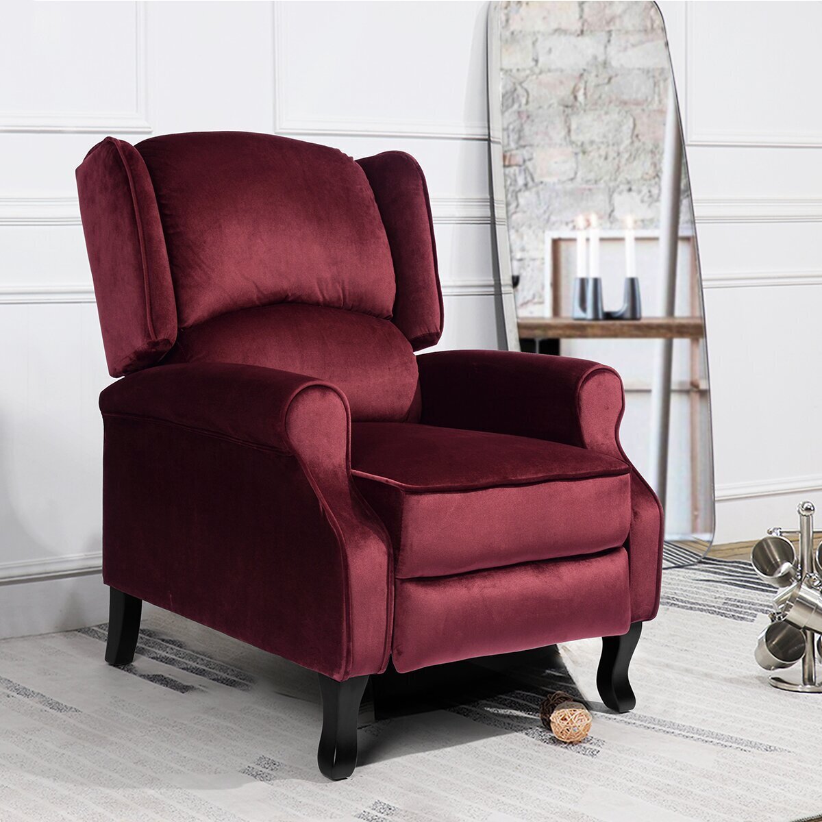 Red Velvet Queen Anne Recliner Chair 