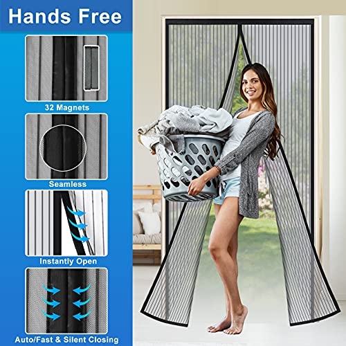 Reinforced Widen Magnetic Screen Door - 39×82 Inches Heavy Duty Hands Free Full Frame Hook&Loop Screen Door (Black)