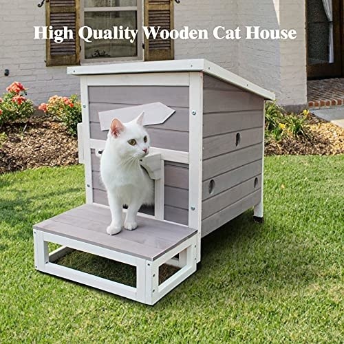 Rockever Outdoor Cat Shelter with Escape Door Rainproof Outside Kitty House Single Story for Two-Three Cats Color Grey