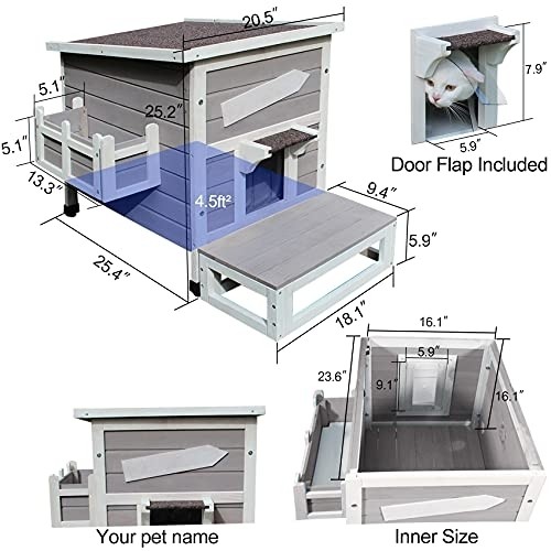 Rockever Outdoor Cat Shelter with Escape Door Rainproof Outside Kitty House Single Story for Two-Three Cats Color Grey