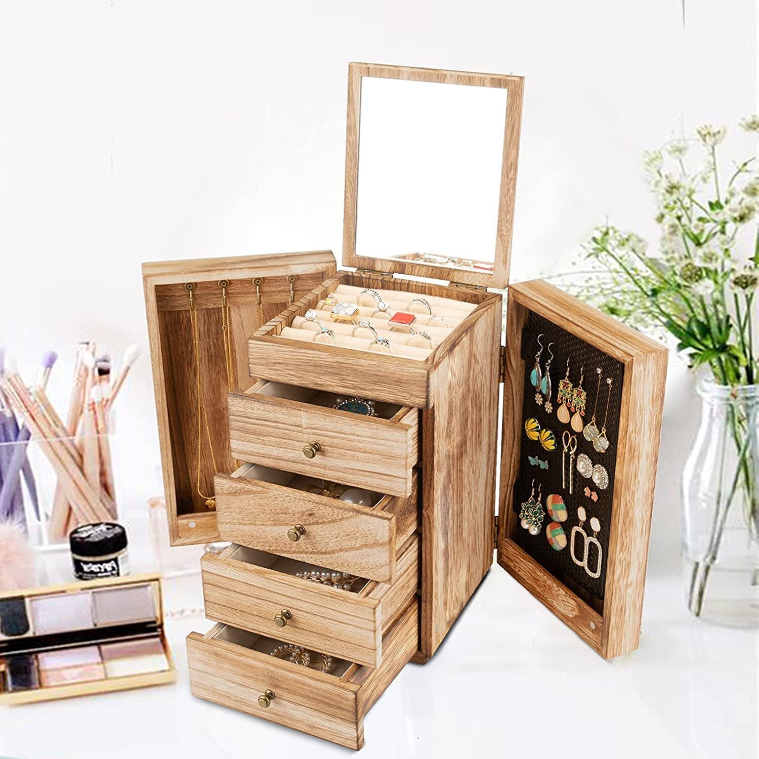 Roomy Wood Jewelry Box with Drawers and Doors