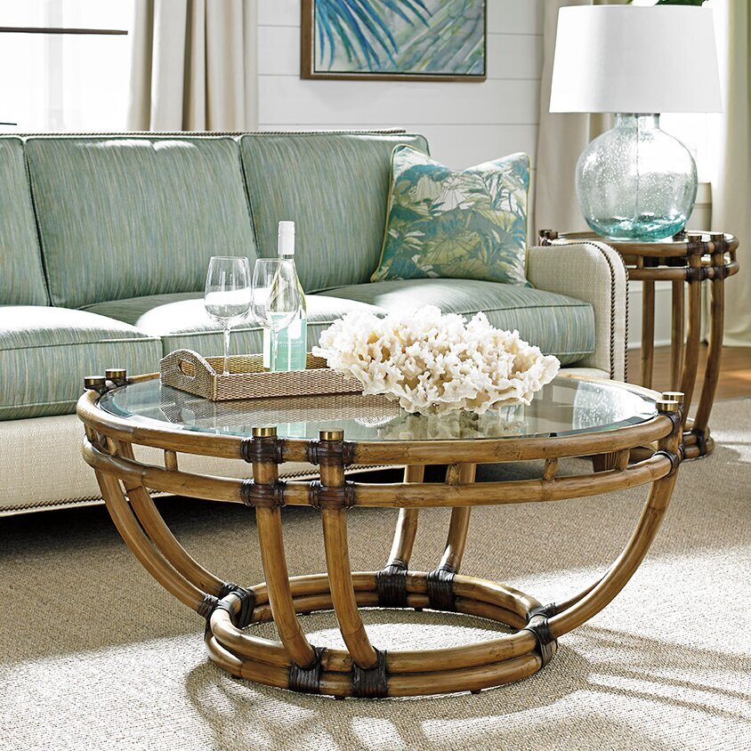 Round Glass Top Table With Rattan Circular Base