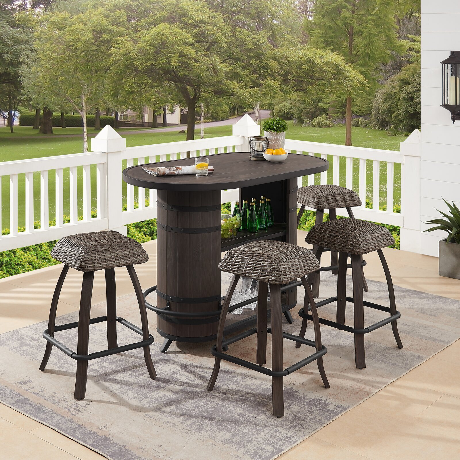 Brown PHI VILLA 3 PCS Patio Swivel Bar Sets Textilene High Bistro Sets