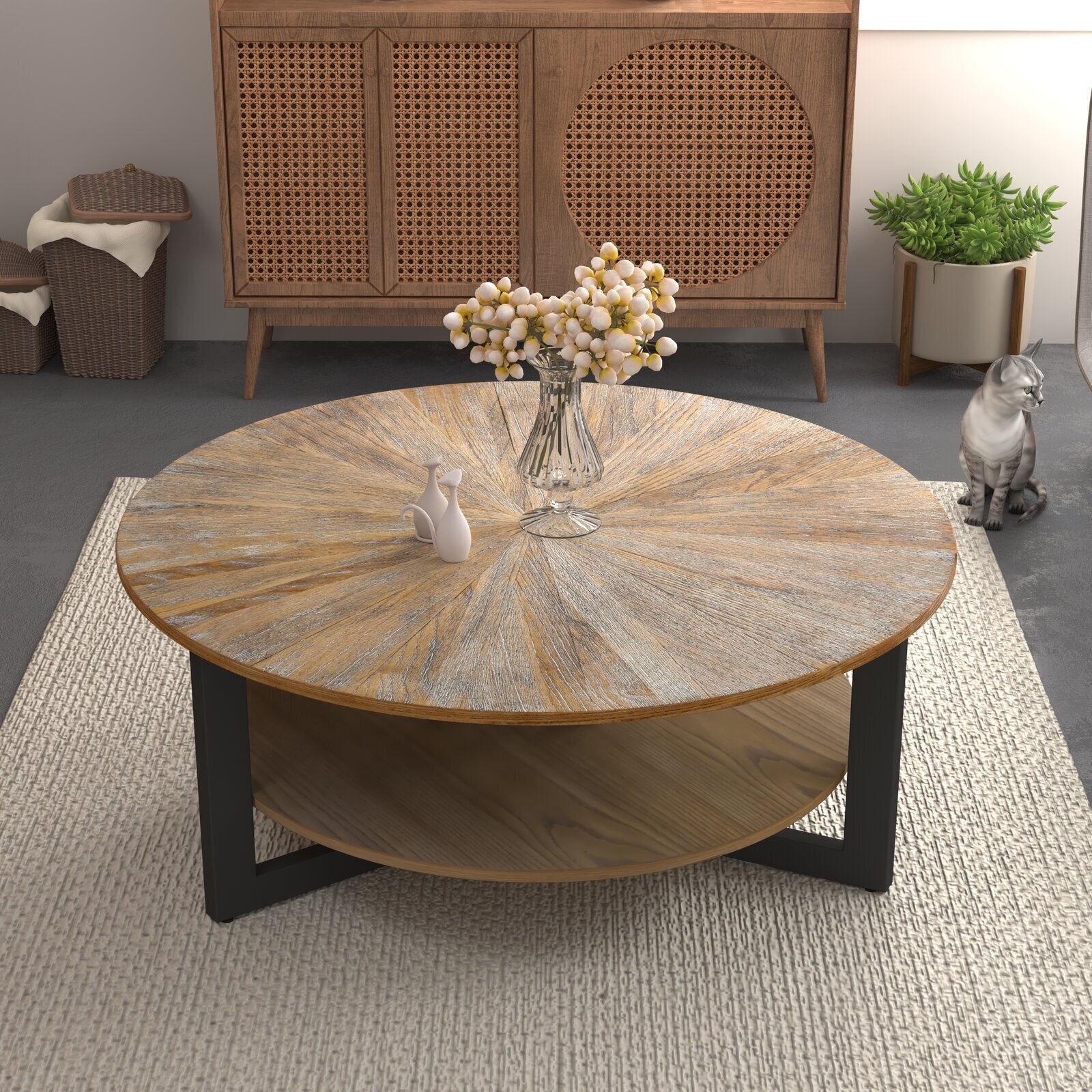 Round Solid Wood Japandi Coffee Table 