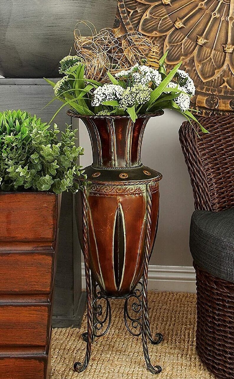 Rustic Bronze Metal Floor Vase with Stand 