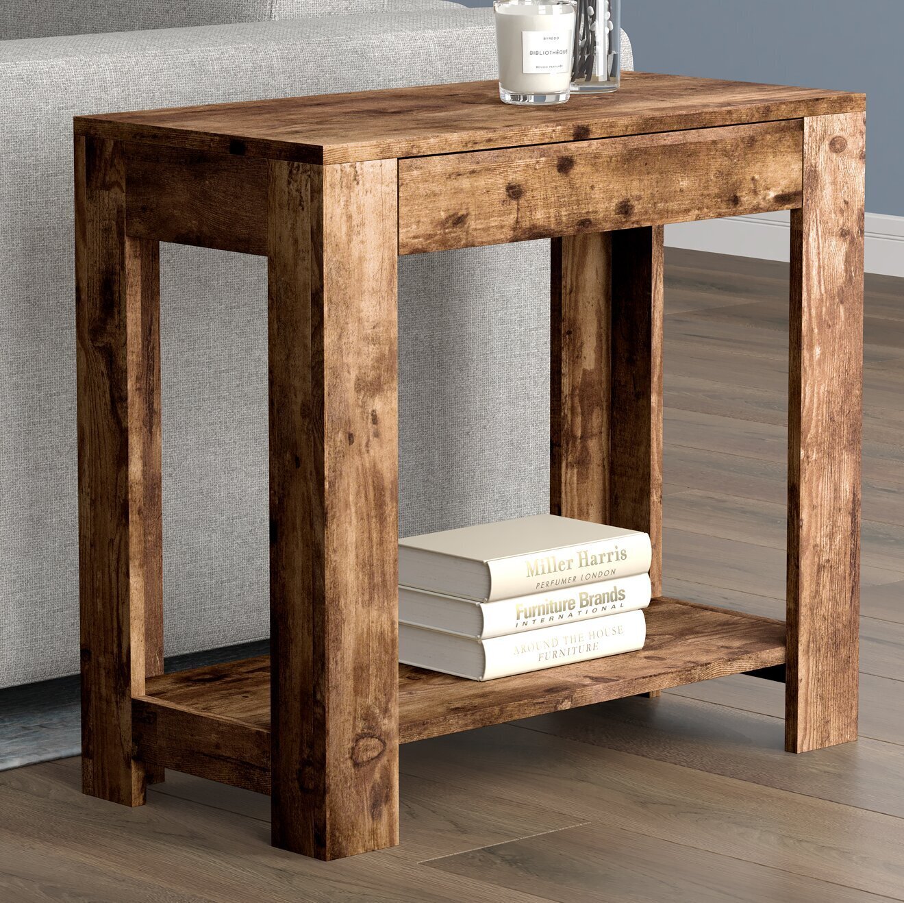 Rustic narrow side table with storage