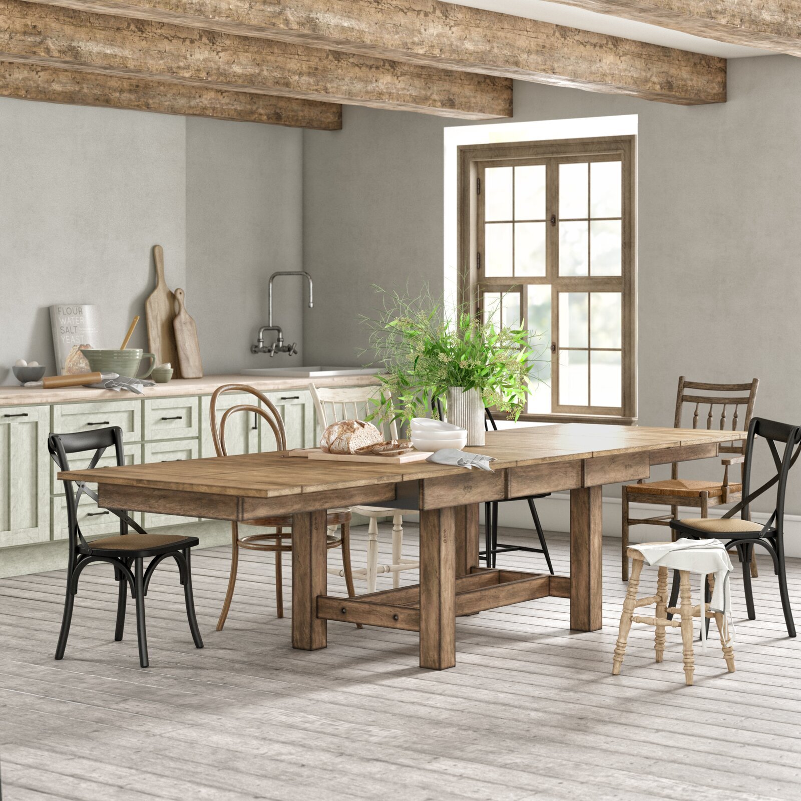 Rustic trestle dining room table with butterfly leaf