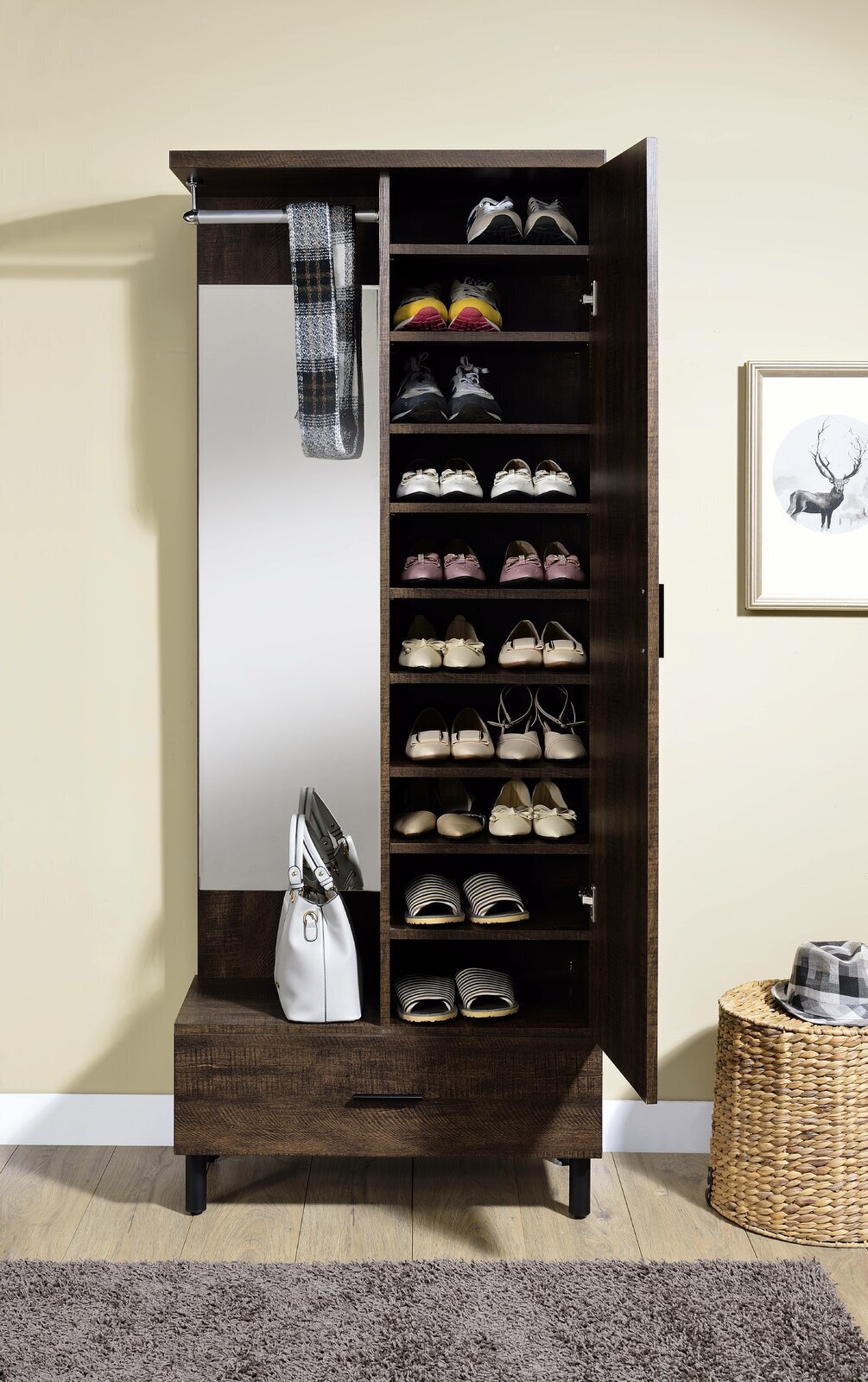 Rustic Walnut Hall Tree with Bench and Shoe Storage
