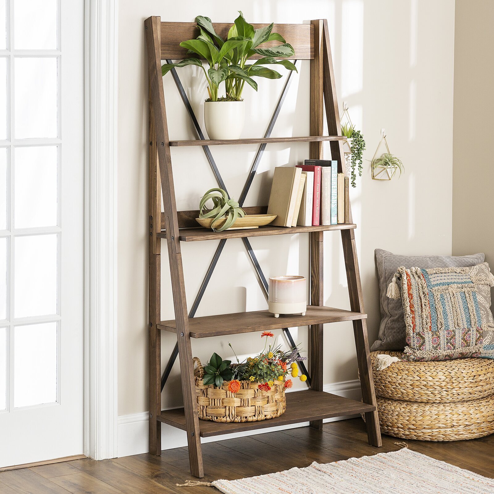 Rustic Wood Ladder Bookcase 