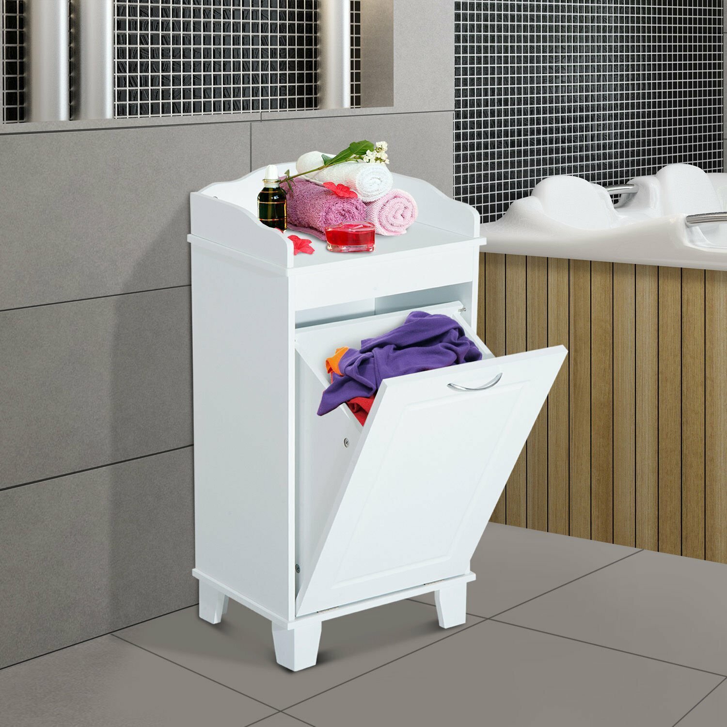 Scalloped Bathroom Cabinet with Laundry Hamper